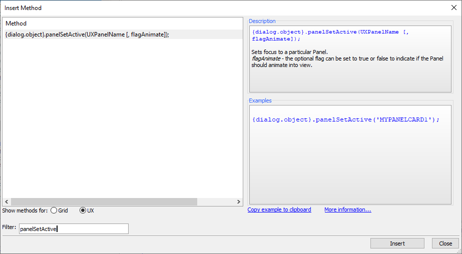 Insert Method dialog for the UX Component